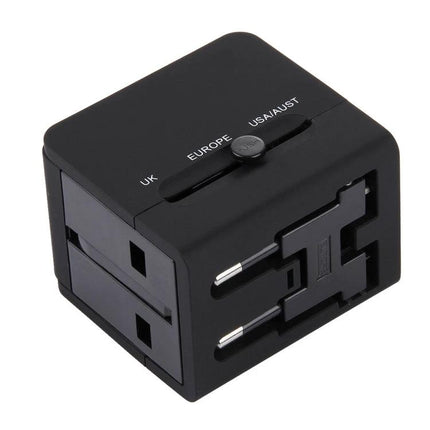 Compact Universal Dual USB Charger Adapter for Travel and Home Use - black travel plug with UK EU US AU sockets