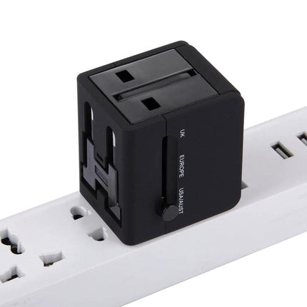 Compact Universal Dual USB Charger Adapter for Travel and Home Use black travel plug adapter showing UK EU US AU sliders on power strip