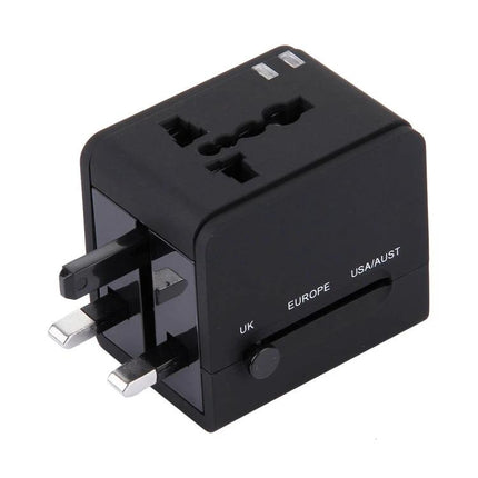 Compact Universal Dual USB Charger Adapter for Travel and Home Use - black travel adapter with UK EU US AU plugs, dual USB charging ports