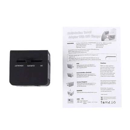 Compact Universal Dual USB Charger Adapter for Travel and Home Use black travel adapter next to user manual