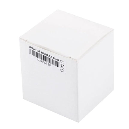 Compact Universal Dual USB Charger Adapter for Travel and Home Use white retail box packaging, compact travel power accessory