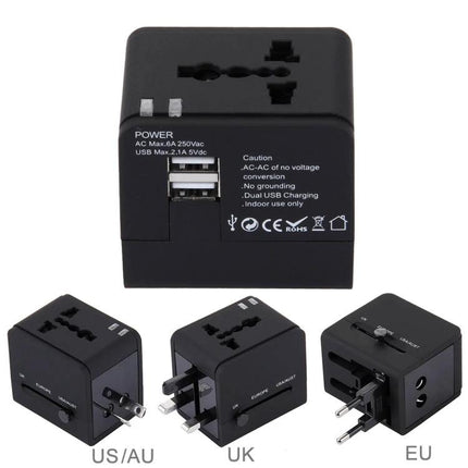 Compact Universal Dual USB Charger Adapter for Travel and Home Use - compact black travel adapter with dual USB ports and UK/EU/US/AU plug options