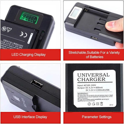 Compact Phone Charger for Daily Use at Home or on the Go - compact universal charger with LED display, USB port, and stretchable battery slots