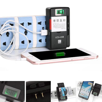 Compact Phone Charger for Daily Use at Home or on the Go plugged into power strip charging a smartphone, compact USB travel charger with LCD indicator