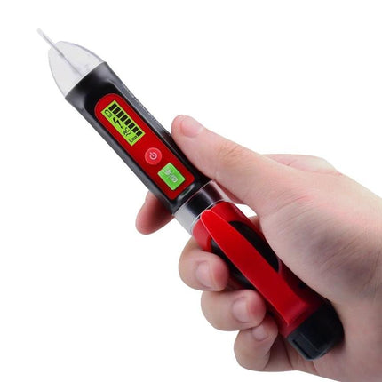 Benetech Non-Contact Voltage Detector Pen for Electrical Testing held in hand showing LED display and buttons for safe live-wire detection