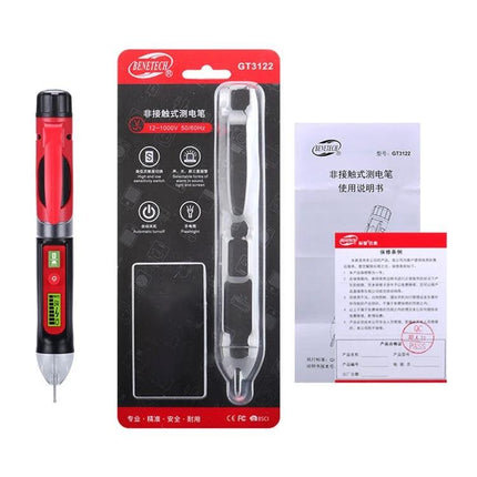 Benetech Non-Contact Voltage Detector Pen for Electrical Testing showing pen, packaging, and user manual for safe live wire detection