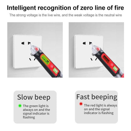 Benetech Non-Contact Voltage Detector Pen for Electrical Testing detecting live and neutral wires at wall outlet with slow green beep and fast red beeping indicators