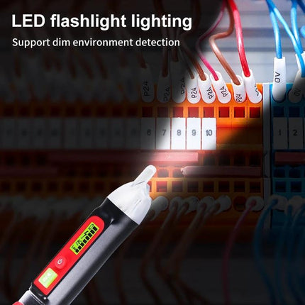 Benetech Non-Contact Voltage Detector Pen for Electrical Testing in use detecting live wires with LED flashlight lighting
