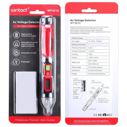 WINTACT Non-Contact AC Voltage Detector Pen for Electrical Safety - red tester pen packaged with instructions, pocket flashlight and battery compartment