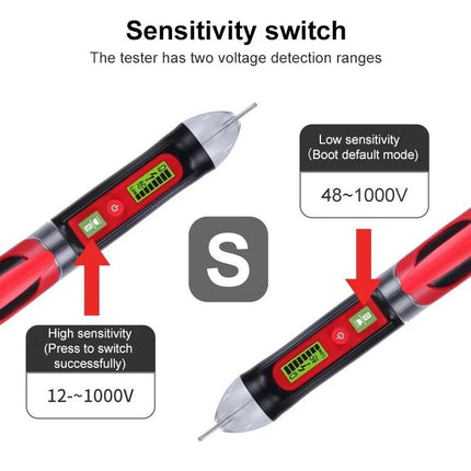 WINTACT Non-Contact AC Voltage Detector Pen for Electrical Safety - image showing sensitivity switch, high (12~1000V) and low (48~1000V) detection ranges