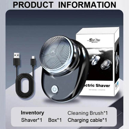 Portable Mini Waterproof Electric Shaver For Travel shown with USB charging cable, cleaning brush and retail box, ergonomic compact black design