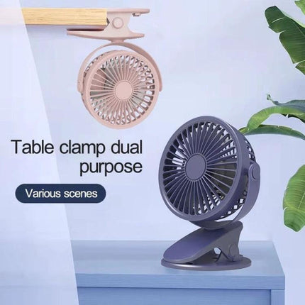 Compact USB-Powered Mini Clip Fan for Desk and Travel Use shown clipped to a table edge and standing on a desk in grey and beige options