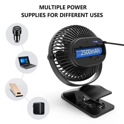 Compact USB-Powered Mini Clip Fan for Desk and Travel Use showing 2500mAh battery, USB charging options, and adjustable clip base