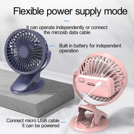 Compact USB-Powered Mini Clip Fan for Desk and Travel Use showing pink and purple fans with clip base and micro USB charging cable