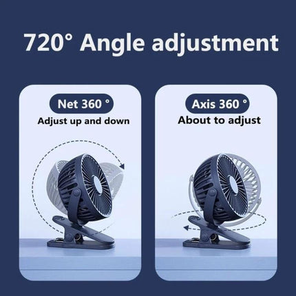 Compact USB-Powered Mini Clip Fan for Desk and Travel Use showing 720° angle adjustment with 360° tilt and swivel for targeted airflow