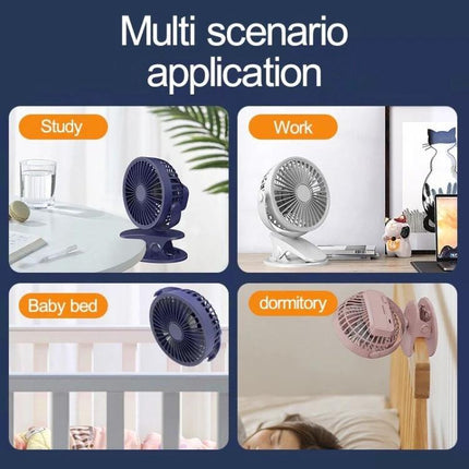 Compact USB-Powered Mini Clip Fan for Desk and Travel Use showing clip-on desk, work, baby bed, and dormitory scene applications