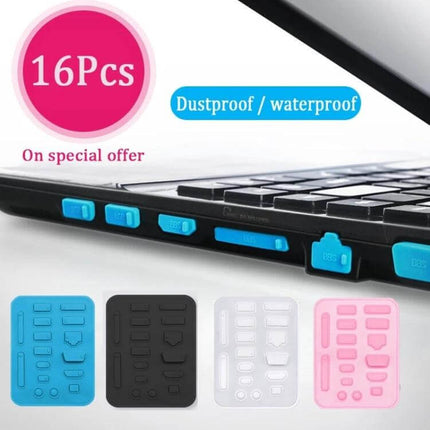 Universal Silicone Dust Plug for Laptop Port Protection - 16pcs silicone port covers in blue black white pink, dustproof waterproof laptop port plugs