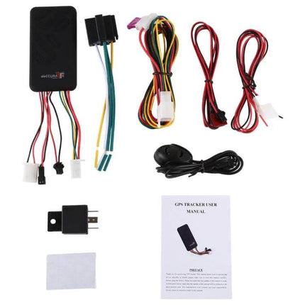 GPS Tracker for Monitoring Vehicle Locations and Security - compact vehicle GPS tracker kit with wiring harnesses, power cable, relay and user manual