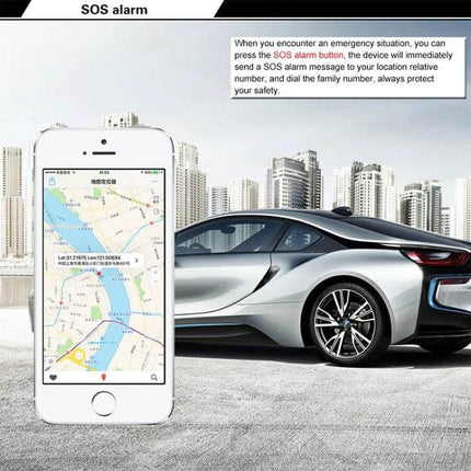 GPS Tracker for Monitoring Vehicle Locations and Security showing smartphone map with car and SOS alert for fleet and personal use