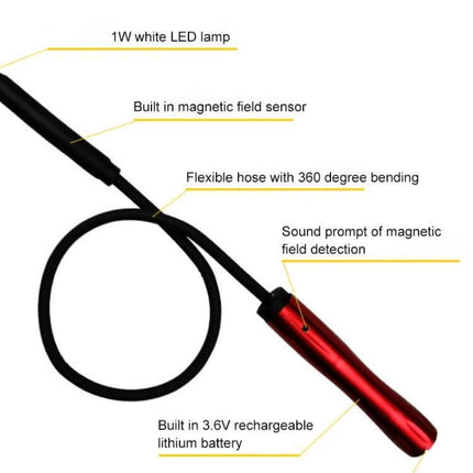 Compact Wireless Signal Detector for Privacy Checks - flexible probe with 1W LED, magnetic field sensor, sound prompt, 3.6V rechargeable battery