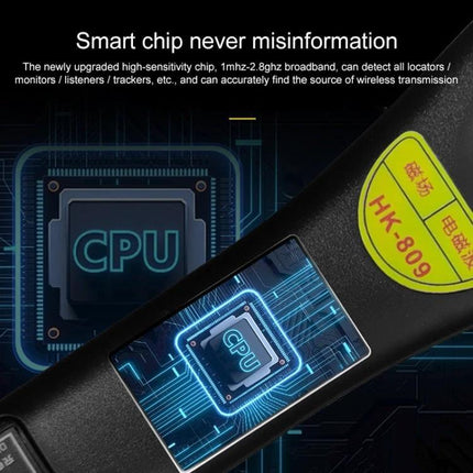 Compact Wireless Signal Detector for Privacy Checks handheld device showing CPU chip graphic and HK-809 label