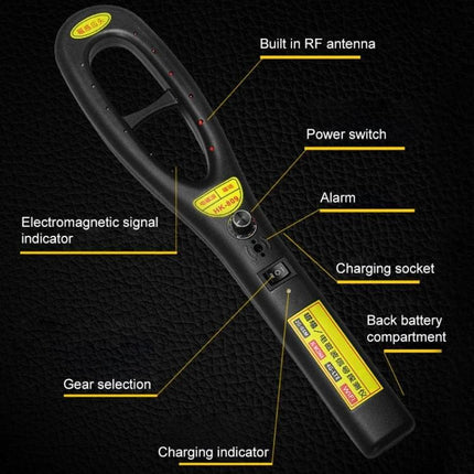 Compact Wireless Signal Detector for Privacy Checks — handheld detector with RF antenna, electromagnetic signal indicator, power switch, alarm and charging socket