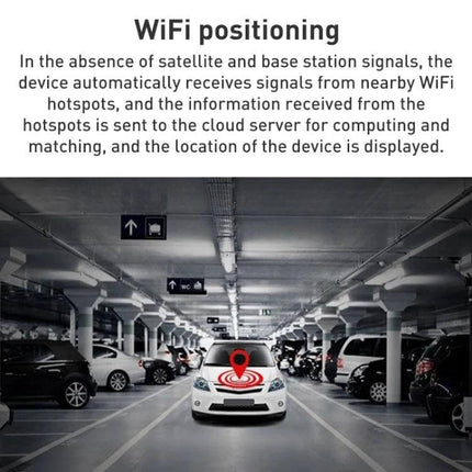 Compact Magnetic GPS Tracker for Everyday Item Tracking showing WiFi positioning locating a parked car in underground garage