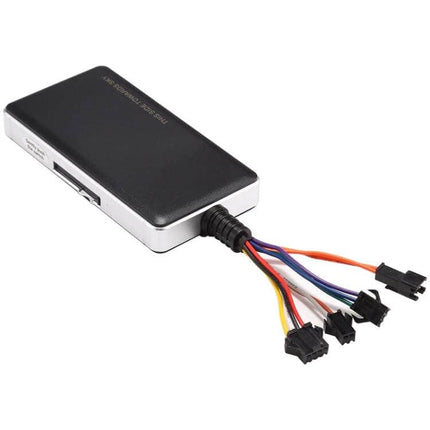 Compact GPS Vehicle Tracker for Cars and Everyday Monitoring - slim black GPS tracker with multi-colored wiring harness for car tracking and theft alerts