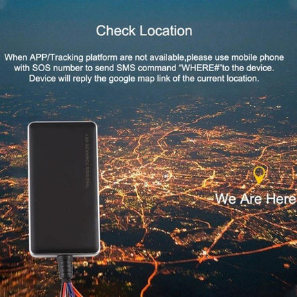 Compact GPS Vehicle Tracker for Cars and Everyday Monitoring shown over city map with location pin and SMS location check instructions