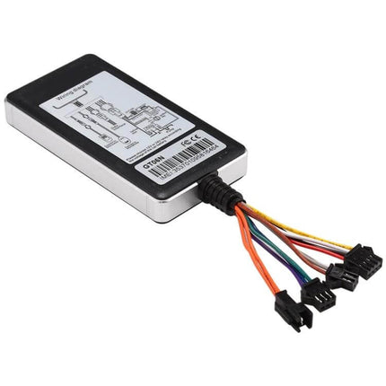 Compact GPS Vehicle Tracker for Cars and Everyday Monitoring — slim black-and-silver tracker with multi-colored wiring harness for car installation