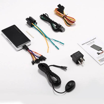 Compact GPS Vehicle Tracker for Cars and Everyday Monitoring - compact tracker with wiring harness, GPS antenna, relay and user manual