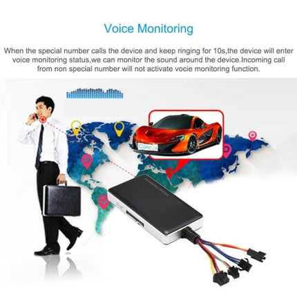 Compact GPS Vehicle Tracker for Cars and Everyday Monitoring — compact black tracker with wiring, map pins, car and businessman illustrating voice monitoring