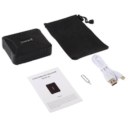 Compact GPS Tracker for Cars and Trucks with Easy Monitoring - compact black tracker kit with USB cable, SIM pin, pouch and manual