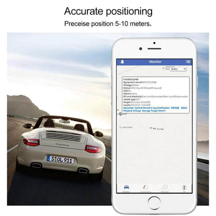 Compact GPS Tracker for Cars and Trucks with Easy Monitoring showing compact unit, car on road and mobile tracking app