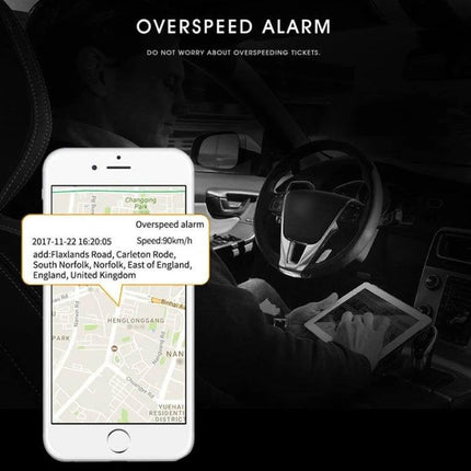 Compact GPS Tracker for Cars and Trucks with Easy Monitoring showing smartphone map and overspeed alert in vehicle interior
