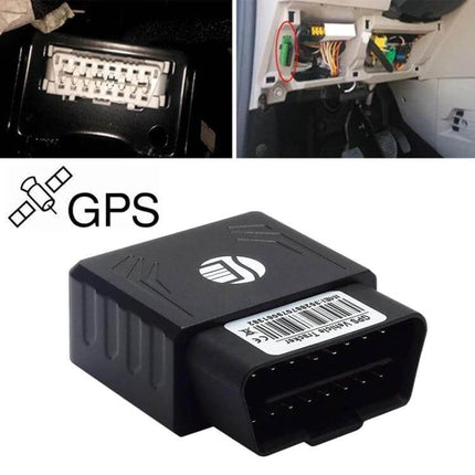 GPS Tracker for Real-Time Vehicle Location Monitoring OBD II plug-in device showing connector and installation locations