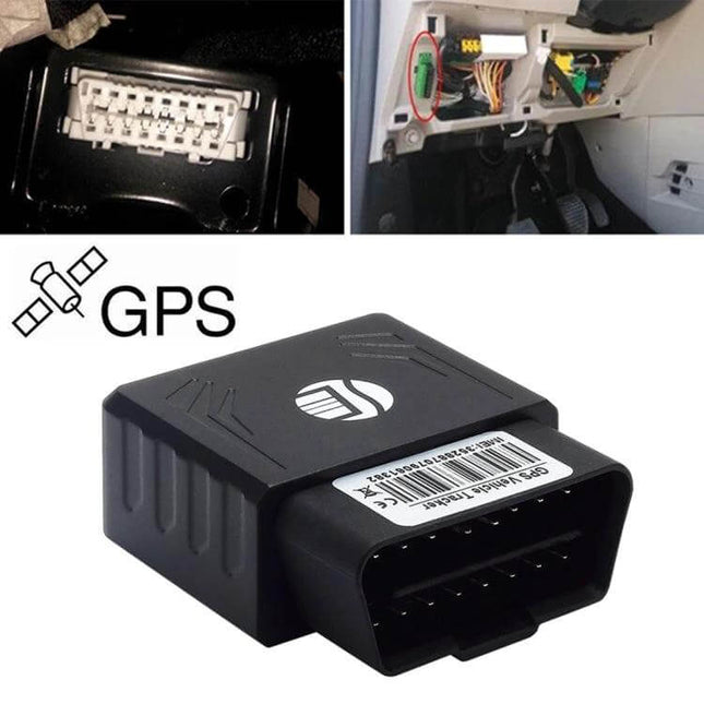 GPS Tracker for Real-Time Vehicle Location Monitoring OBD II plug-in device showing connector and installation locations