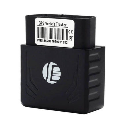 GPS Tracker for Real-Time Vehicle Location Monitoring OBD II plug-in device showing compact black tracker with barcode label
