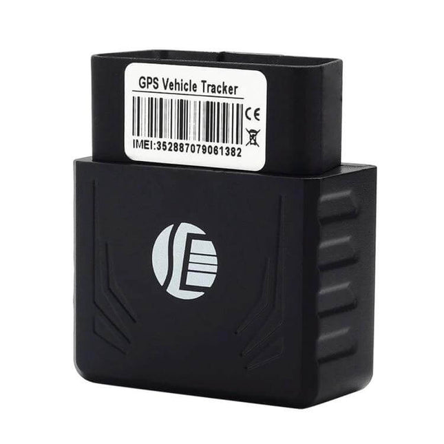 GPS Tracker for Real-Time Vehicle Location Monitoring OBD II plug-in device showing compact black tracker with barcode label