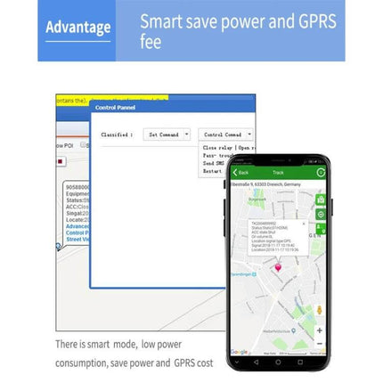 GPS Tracker for Real-Time Vehicle Location Monitoring shown on smartphone map with OBD II installation and low-power GPRS mode