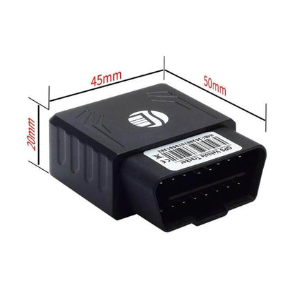GPS Tracker for Real-Time Vehicle Location Monitoring compact OBD II plug-in device showing dimensions 50x45x20mm for car and fleet tracking