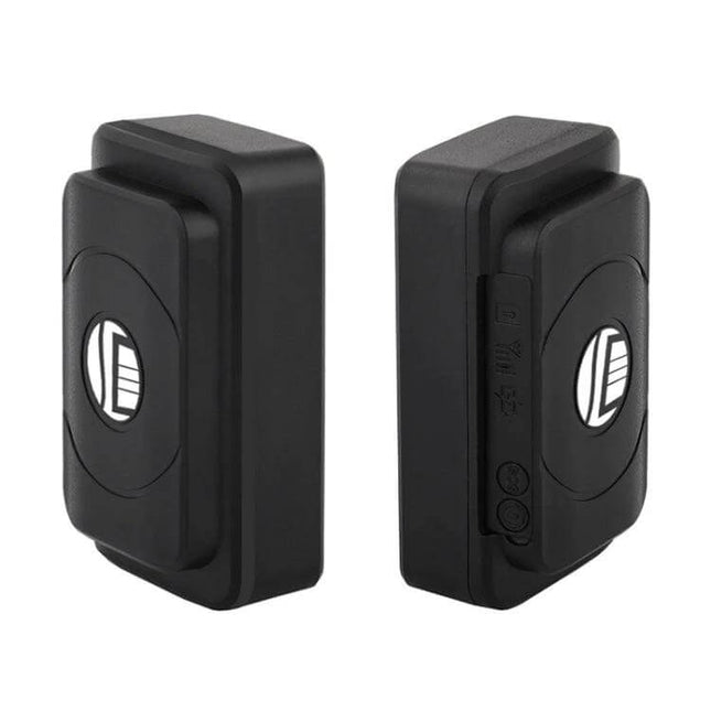 GPS Tracker for Vehicle Security with Long Battery Life black compact magnetic tracker showing front and side views
