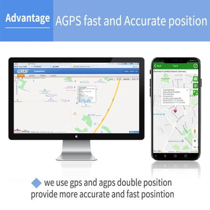 GPS Tracker for Vehicle Security with Long Battery Life showing desktop and mobile real-time tracking map