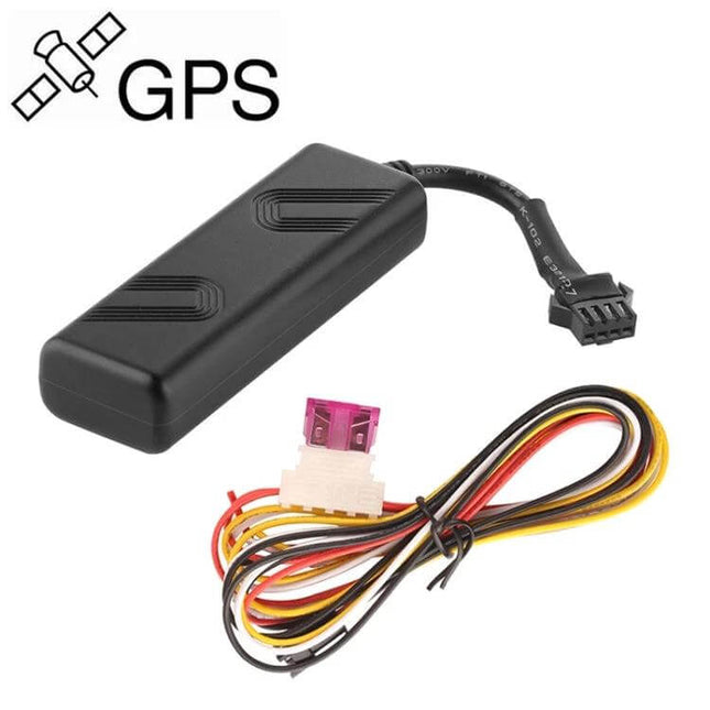 TK205 GPS Tracker for Real-Time Vehicle Monitoring compact black tracker with wiring harness and GPS icon