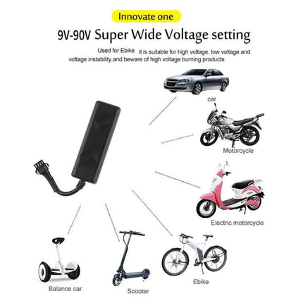 TK205 GPS Tracker for Real-Time Vehicle Monitoring compact black tracker with cable beside car, motorcycle, scooter, ebike and electric scooter images