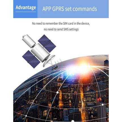 Compact GPS Tracker for Vehicles with Long-Lasting Battery showing satellite GPRS connectivity over city map for real-time tracking alerts