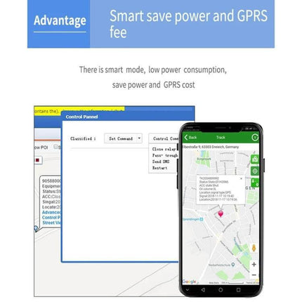 Portable Vehicle GPS Tracker for Real-Time Monitoring showing mobile app map with live location, control panel and low-power GPRS mode