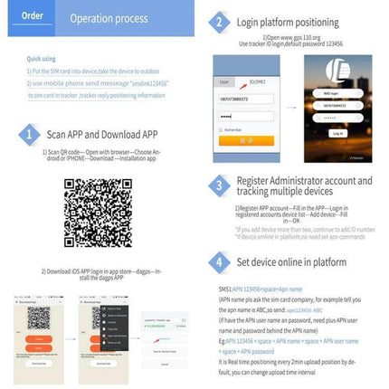 Portable Vehicle GPS Tracker for Real-Time Monitoring - app setup, QR code scan, login and device registration instructions