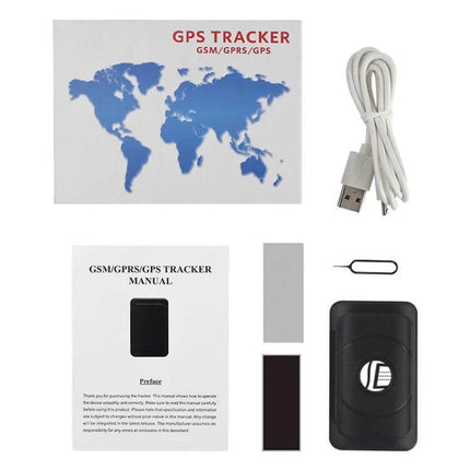 Portable Vehicle GPS Tracker for Real-Time Monitoring compact GPS tracker kit with USB cable, SIM tool, manual and adhesive mounts