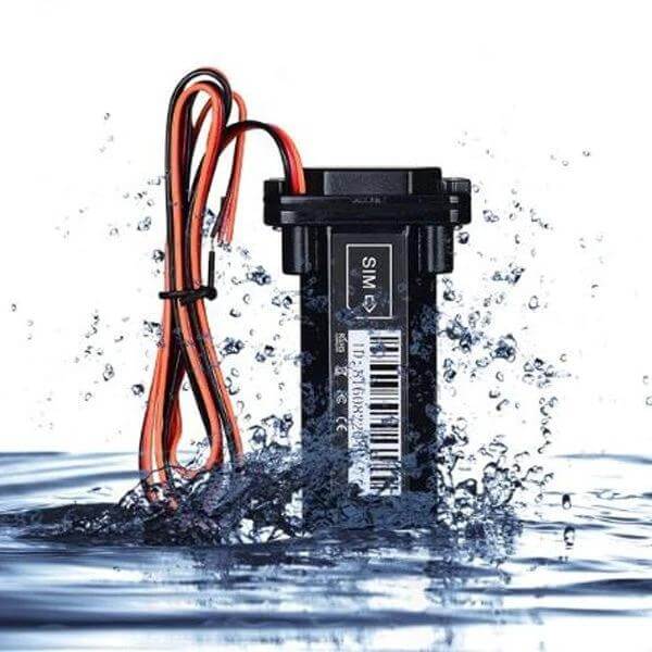 Compact Waterproof GPS Tracker for Cars and Motorcycles submerged showing waterproof design and wiring for vehicle tracking